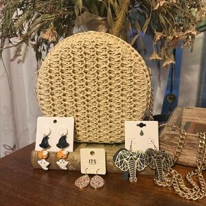 Round Woven Tan Bag with Gold Chain-& earring bundle - All NWOT